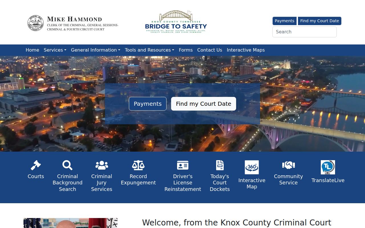 Knox County active warrant record route through the Criminal Court Clerk website