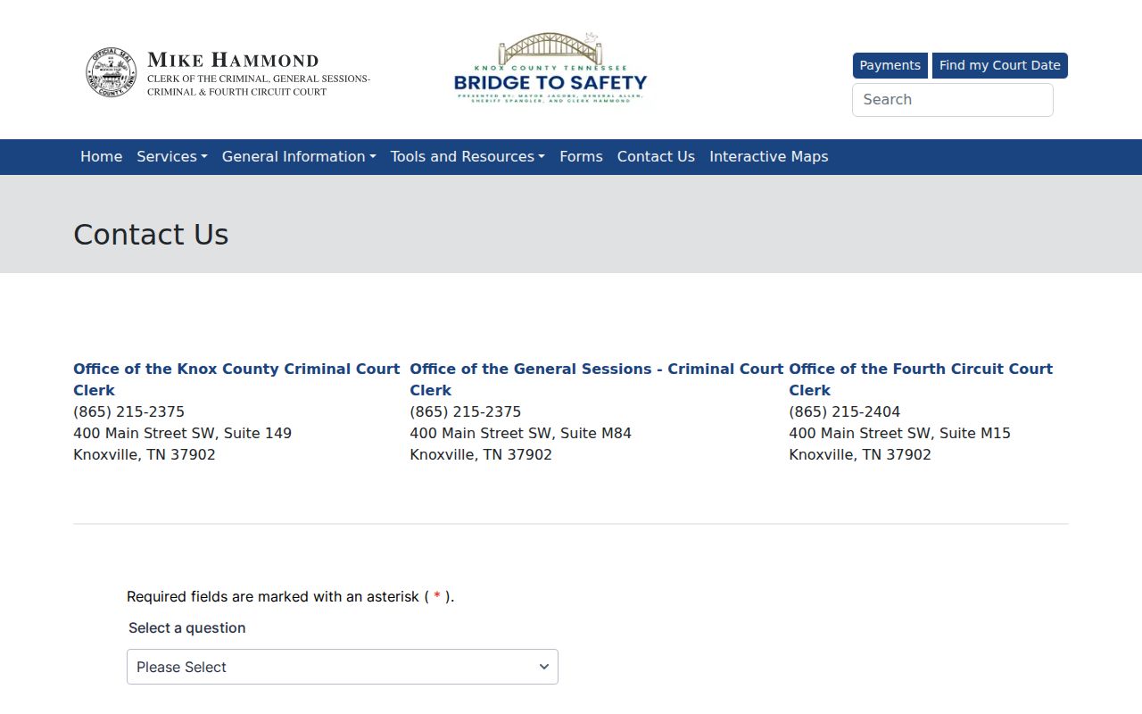 Knox County bench warrant court records: Criminal Court Clerk suite directory